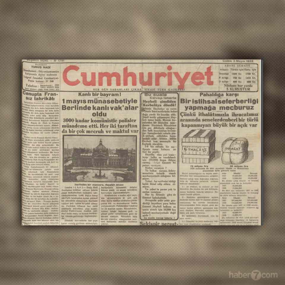 <p>3- Cumhuriyet gazetesi 1929 tarihli 2 Mayıs gazetesinde ihracat açığını gündeme getirip pahalılığa karşı bir atılım yapılması gerektiğini savunuyor.4-<span style="white-space:pre"> </span>Spor sayfasında ise Galatasaray liseli öğrencilerin atletizm müsabakalarında Semih’in 200 metrede Türkiye rekoru kırdığı konu edilmiş.</p>
