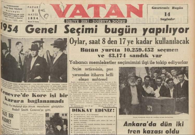 <p>2 Mayıs 1954 Genel Seçimleri, Vatan gazetesinin manşetinde…</p>
