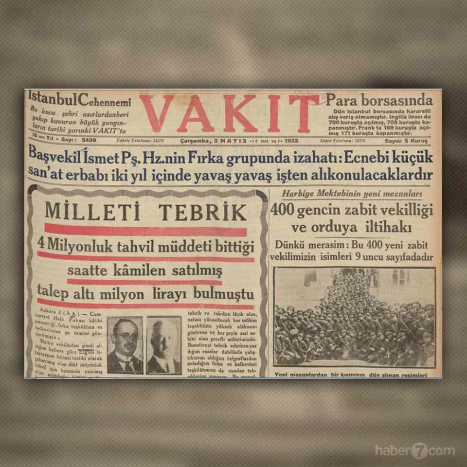 <p>25- 1933’teki Vakit gazetesi Başvekil İsmet Paşa’nın yabancı sanatkarların işlerinden alıkonulacağını duyurduğu açıklamayı sürmanşetine taşımış.</p>
