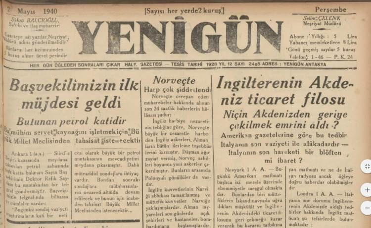 <p>2 Mayıs 1940 tarihli Yenigün gazetesinde Raman Dağı’nda bulunan petrol haberi en önemli hadise olarak dikkat çekiyor.</p>
