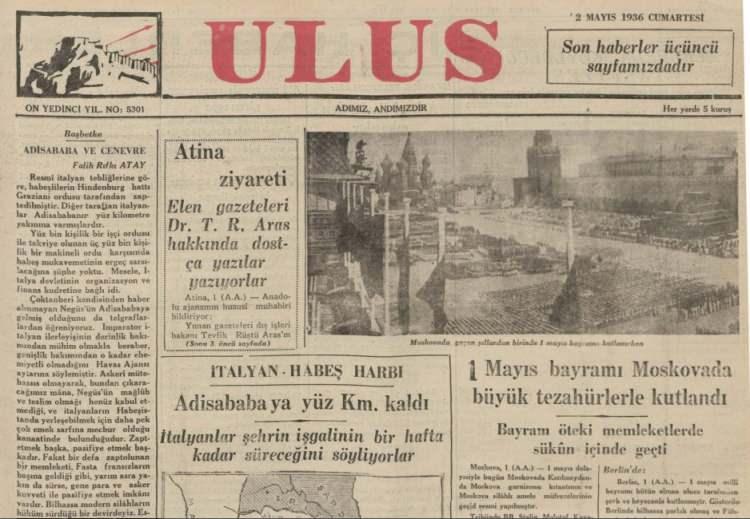 <p>Aynı tarihli Ulus gazetesinde İtalya’nın Etiyopya’yı işgal haberi göze çarpıyor.</p>
