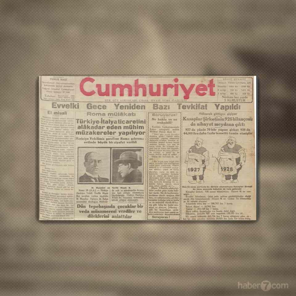 <p>1929’un Cumhuriyet gazetesindeyiz. Manşette İtalya ile ticari münasebetler ve et satışları yer alıyor.</p>
