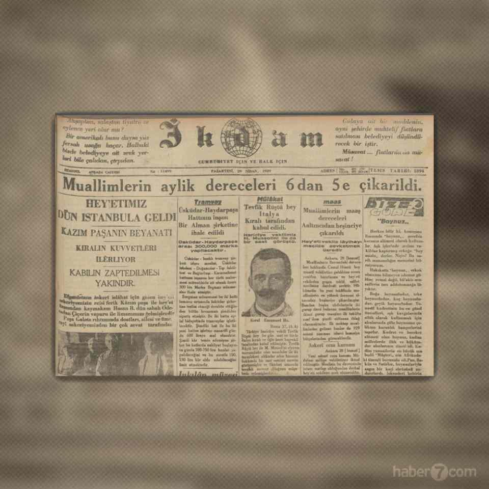 <p>1929 tarihli İkdam gazetesi öğretmen maaşlarının yükseltilmesini manşetten müjdeliyor.</p>
