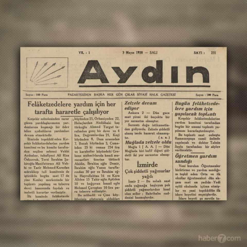 <p>10-<span style="white-space:pre"> </span>3 Mayıs 1938 tarihli Aydın gazetesi de Kırşehir depremi sonrası yapılan yardım seferberliğini konu almış. Necip Türk milleti yine cömertliğini gösteriyor.</p>
