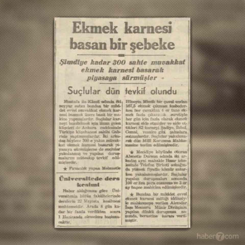<p>40- Türkiye haberlerinde ise bugün birçok insanın pek de inanmadığı bir gerçek konu alınmış. Ekmeklerin karne ile alınması. İnsanların daha çok ekmek alabilmek için başvurduğu sahte ekmek karnesi basan bir şebeke ise yakalanmış.</p>