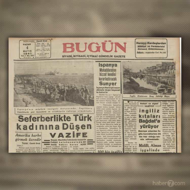 <p>4 Mayıs 1941 tarihli Bugün gazetesinde 2. Dünya Savaşı haberleri yer alıyor. Savaşın Türkiye’ye de sıçraması halinde kadınların hasta bakıcı olarak hizmet vermesi için kurslar açıldığı haberi yer alıyor.</p>
