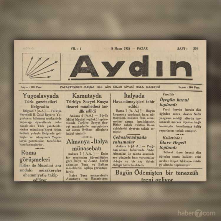 <p>1938’in 8 Mayıs tarihli Aydın gazetesindeyiz. Gazetedeki haberlerden çok sol üst bölümde yer alan CHP’nin altı ok klişesi daha dikkat çekiyor.</p>
