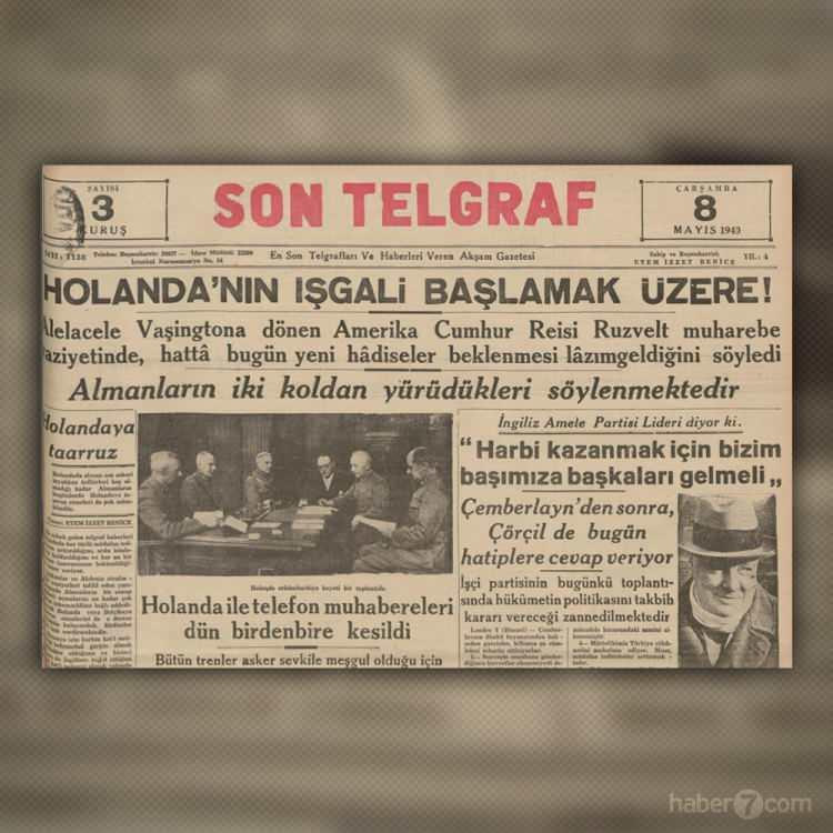 <p>8 Mayıs 1940 tarihli Son Telgraf gazetesinin manşetinde Almanya’nın Hollanda’yı işgale başlamak üzere olduğu yazıyor. İngiliz İşçi Partisi ise Churchill’i hedef göstererek “Harbi kazanmamız için başımıza başkaları gelmeli” diyor. Yıllar, İşçi Partisini haksız çıkaracak.</p>
