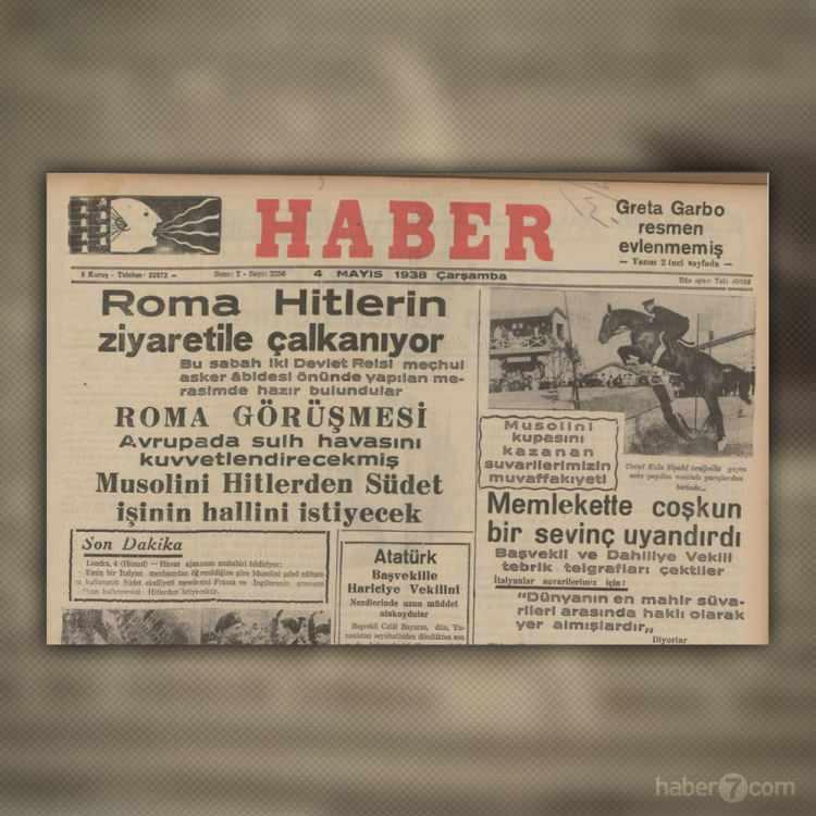 <p>Haber gazetesi de 4 Mayıs 1938 tarihli manşetini Hitler’in, İtalya ziyaretine ayırmış. Yan tarafta ise İtalya’da düzenlenen askeri binicilik yarışlarında Mussolini Kupası’nı kazanan süvarilerimizden övgüyle bahsediliyor.</p>
