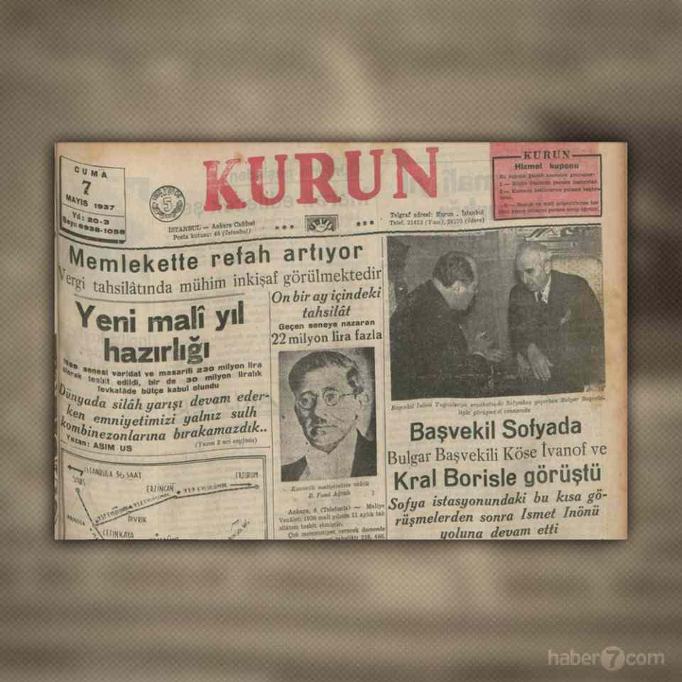 <p>7 Mayıs 1937 tarihli Kurun gazetesi, vergi tahsilatındaki artışı manşete taşıyarak memlekette vaziyetin iyiye gittiğini duyuruyor.</p>
