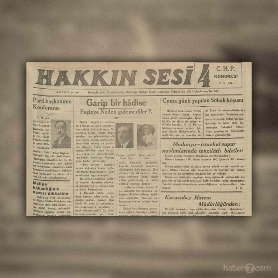 <p>9- Hakkın Sesi gazetesinin ilk sayfasında 9 Mayıs 1935’te yapılacak olan CHP kongresinin duyurusu dikkat çekiyor.</p>
