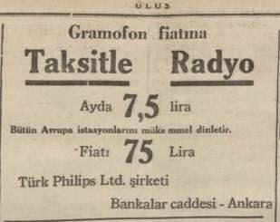 <p>BİR MEMUR MAAŞINA RADYO</p>

<p>Sene 1935… Ortalama bir memur maaşı 80 lira. Reklamlardan görüyoruz ki, 10 taksitle alınan bir radyonun fiyatı da 75 lira… Günümüzde cep telefonları için benzer bir kur söz konusu…</p>
