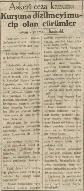<p>KURŞUNA DİZME CEZASI KİMİ KAPSIYOR</p>

<p>Askeri Ceza Kanunu’nda düzenleme yapılmış. Emre itaatsizliğin idama kadar yolu var. Askeri isyan ise düşman karşısında olursa failler derhal kurşuna diziliyor.</p>

