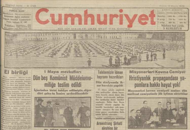 <p>MİSYONERLERE HAYAT HAKKI YOK</p>
<p>Tarih 10 Mayıs 1929… Cumhuriyet gazetesinin ilk sayfasında Misyonerleri Kovma Cemiyeti diye bir dernek olduğunu görüyoruz. Dernek, Hristiyanlık propagandası yapanlara hayat hakkı tanımamayı amaçlıyor.</p>