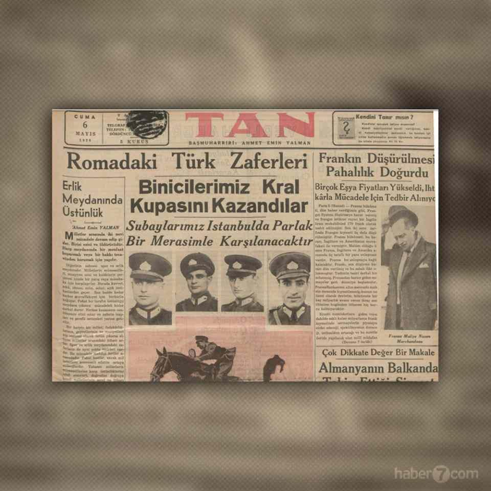 <p>1938’in Tan gazetesinde Roma’daki süvari yarışlarında Dünya şampiyonu olan askerlerimizin dönüşleri konu alınmış.</p>
