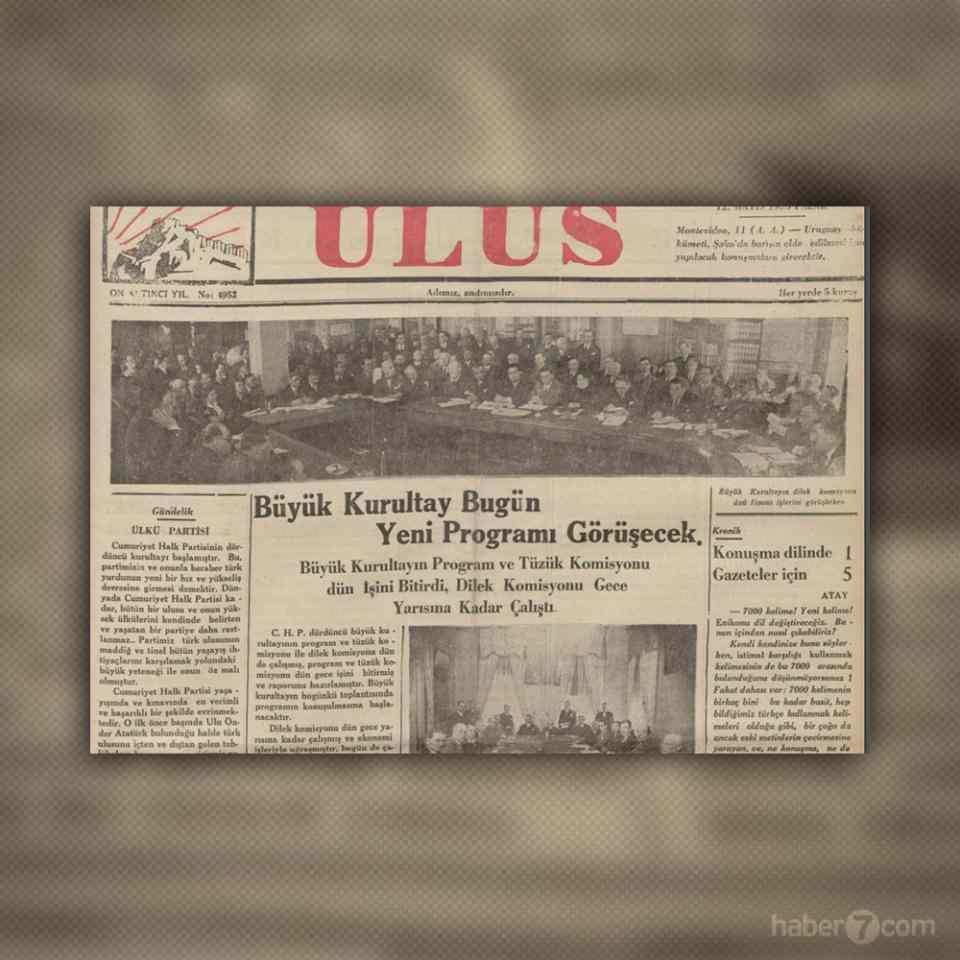 <p>GÜNDEM CHP KURULTAYI</p>

<p>12 Mayıs 1931 Ulus Gazetesi, CHP Kurultayı’nı ilk sayfasında konu ediyor. Yan tarafta ise dilde yapılan değişiklikleri desteklemek için çareler öneriliyor.</p>
