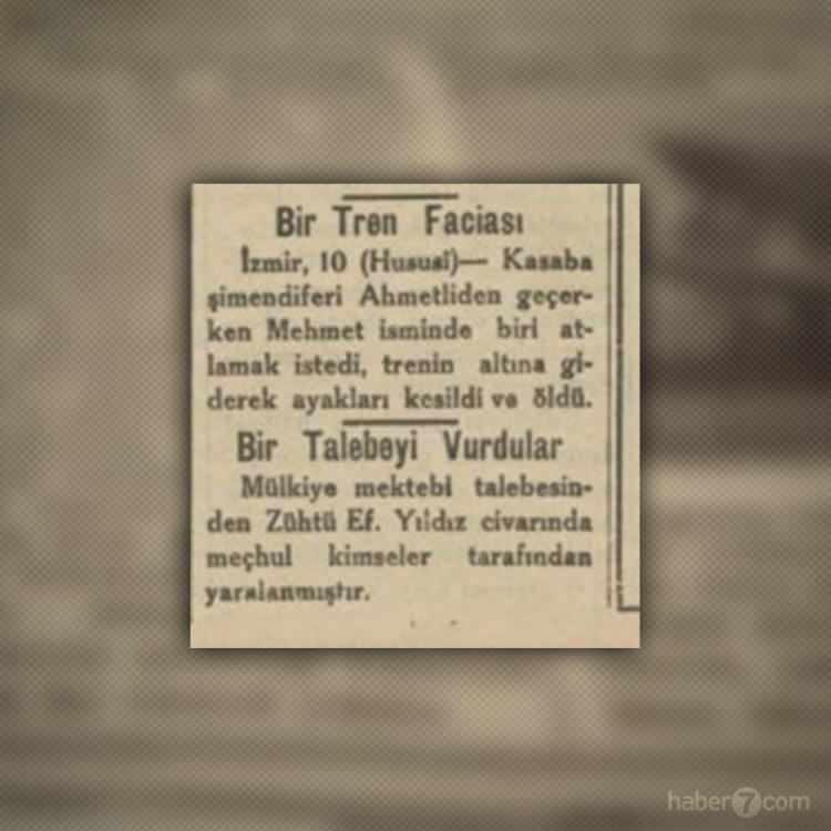 <p><strong>TRENDEN ATLADI CANINDAN OLDU</strong></p>

<p>Gazeteden iki adet üçüncü sayfa haberi. Tabii o zamanlarda böyle bir sayfa ayrımı yok. İzmir’de bir tren Ahmetli’den geçerken bir sonraki istasyona kadar gitmek istemeyen bir kasaba sakini trenden atlayarak evine çabuk gideceğini düşünüyor. Ama Mehmet isimli bu şahıs trenin altında kalarak hayatını kaybediyor.</p>
