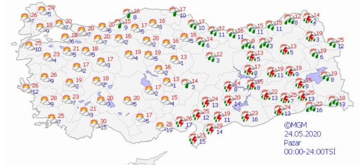 <p>Meteoroloji Genel Müdürlüğünden yapılan açıklamaya göre, 24 Mayıs Pazar günü Güneydoğu Anadolu Bölgesi'nin doğusunda yerel olarak kuvvetli sağanak tahmin ediliyor.</p>
