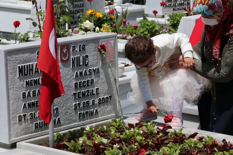<p>Samsun'da Ramazan Bayramı'nın birinci g&uuml;n&uuml;nde şehit yakınları şehitlikleri ziyaret etti. Kırank&ouml;y Mezarlığı i&ccedil;inde bulunan şehitliğe gelen vatandaşlar, Kuran-ı Kerim okuyup, dua etti. 2007 yılında Şırnak'ta operasyon d&ouml;n&uuml;ş&uuml; ge&ccedil;irdiği kalp krizi sonucu&nbsp;şehit olan Piyade Er Muharrem Kılı&ccedil;'ın ailesi de kabrini ziyaret etti. Kılı&ccedil;'ın yeğeni&nbsp;Elif Kılı&ccedil;,&nbsp;hi&ccedil; g&ouml;rmediği şehit dayısının&nbsp;mezar taşındaki fotoğrafını&nbsp;&ouml;p&uuml;p, okşaması g&ouml;renleri duygulandırdı. Şehit annesi Tenzile Kılı&ccedil; da oğlunun mezarı başında dua etti.&nbsp;</p>
