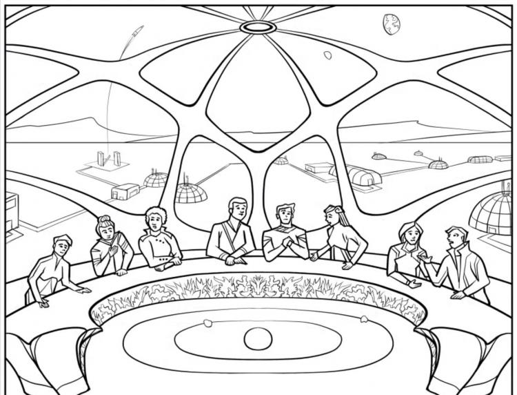 <p>Burada bu kişiler bir masa etrafında ve arkalarında bir uzay kolonisi resmedilmiş.</p>
