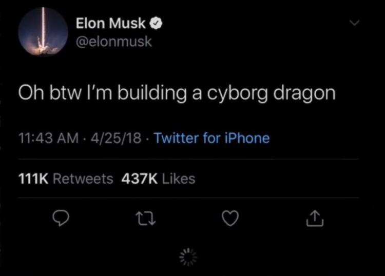<p>Örneğin Elon Musk bu tweetinde, "bu arada robot bir ejderha yapıyorum" demiş. </p>
