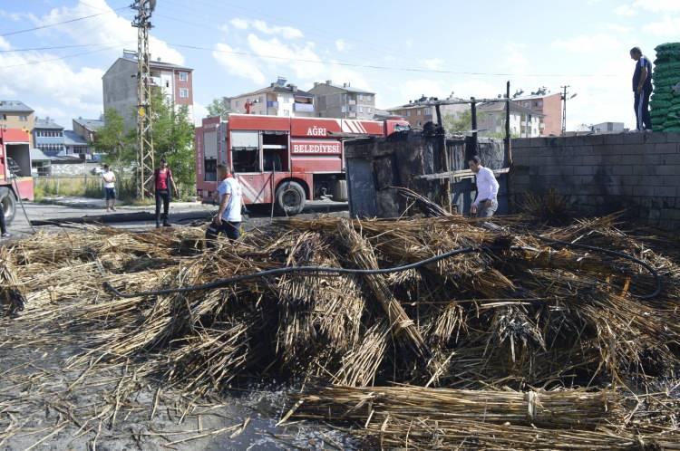 <p>Ağrı merkez Cumhuriyet Mahallesi'nde kömürcülerin yoğunlukta bulunduğu alanda esnaf Nadir Baran'a ait kamış satılan alanda bilinmeyen nedenle yangın çıktı. Kısa sürede alev alan kamışlardan yükselen alevlerin, diğer esnafa ait kömürlük ve odunluklara sıçrama ihtimali paniğe neden oldu.<br />
</p>