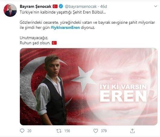 <p>BAYRAM ŞENOCAK:</p>

<p>Gözlerindeki cesarete, yüreğindeki vatan ve bayrak sevgisine şahit milyonlar ile şimdi her gün #iykivarsınEren diyoruz.</p>

<p>Unutmayacağız. Ruhun şad olsun.</p>

