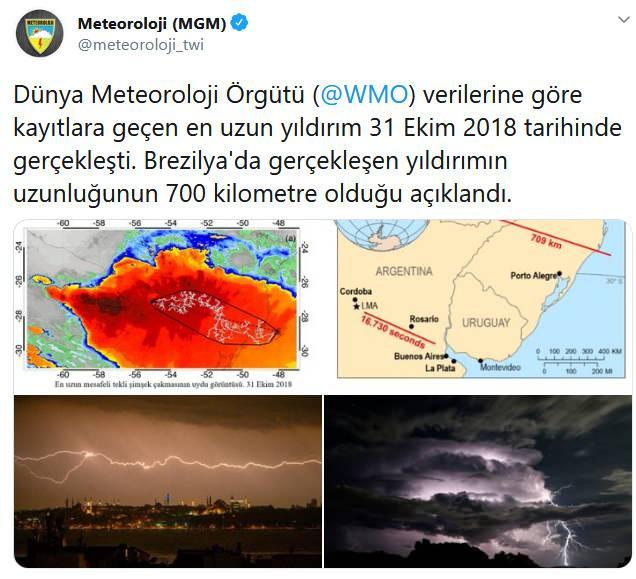 <p>Meteoroloji Genel Müdürlüğü, Dünya Meteoroloji Örgütü'nün (WMO) rekor yıldırım verilerini paylaşarak şu ifadeleri kullandı: Kayıtlara geçen en uzun yıldırım 31 Ekim 2018 tarihinde gerçekleşti. Brezilya'da gerçekleşen yıldırımın uzunluğunun 709 kilometre olduğu açıklandı.</p>
