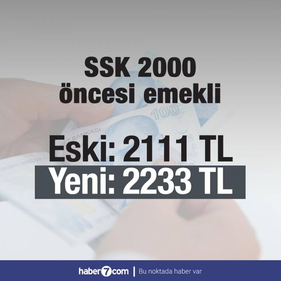 <p><span style="color:#FFD700"><strong>SSK 2000 Öncesi Emekli</strong></span><br />
<br />
 </p>

<p>ESKİ: 2.111 TL<br />
<br />
YENİ: 2.233 TL</p>
