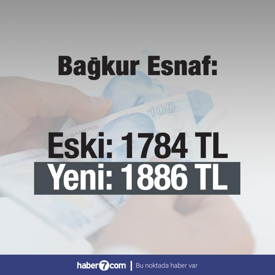 <p><span style="color:#FFD700"><strong>TABAN AYLIKLAR VE EMEKLİ MAAŞLARI</strong></span><br />
<br />
 </p>

<p><span style="color:#FFD700"><strong>Bağkur Esnaf:</strong></span><br />
 </p>

<p>ESKİ: 1784 TL<br />
<br />
YENİ: 1886 TL</p>
