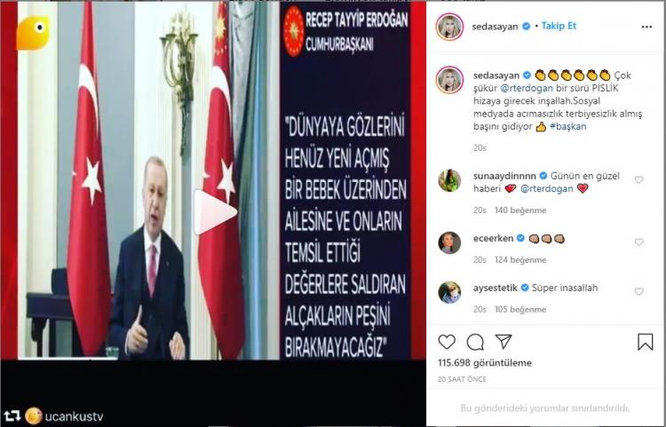 <p><strong>SEDA SAYAN</strong></p>

<p>'Çok şükür, bir sürü pislik hizaya girecek inşallah. Sosyal medyada acımasızlık, terbiyesizlik almış başını almış gidiyor.'</p>
