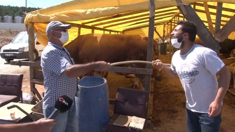 <p>Pazarda kurbanlık hayvan satışı yapan bir kişi, “Eskiden alıcının elini tutup bırakmıyorduk, şimdi çubukla” diyen hayvan satıcısı, “Pandemi dolayısıyla hazırlık yaptık. Fiyatlar uygun. Her sene tercih ettiğimiz kurban alanı. Hayvanlarımızı getirdik. 1 ton ağırlığında hayvan var. 1 ton hayvanı kilosu 27 liradan veriyoruz. Bu hayvan da ortalama 22 bin liraya denk geliyor. Bu sene İnşallah yine geçen yılki gibi iyi olur” dedi.<br />
 </p>
