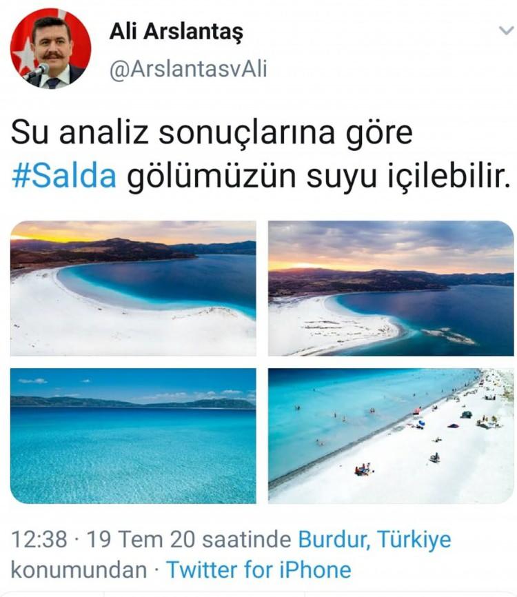 <p>Burdur Valisi Ali Arslantaş, sosyal medya hesabından yaptığı paylaşımda, "Su analiz sonuçlarına göre Salda Gölü'müzün suyu içilebilir." ifadesini kullandı.</p>
