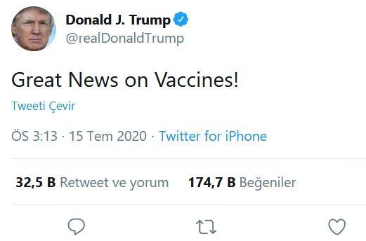 <p>“Aşılarla ilgili harika haberler!” ifadesini kullanan Trump’ın paylaşımı kısa sürede sosyal medyanın gündemine oturdu.</p>
