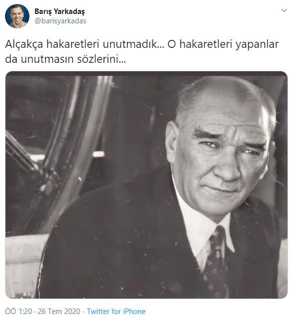 <p>Birkaç gündür CHP’li isimler, bazı gazeteciler ve iş dünyasından isimlerin de katıldığı bu “Atatürk’e hakaret edildi” iddialarını somutlaştırmayan Yarkadaş’a en güzel cevap ise yine Twitter üzerinden geldi.</p>
