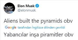 <p>Twitter hesabından yaptığı ilgi çekici paylaşımlara bir yenisini daha ekleyen Elon Musk, Mısır piramitlerinin uzaylılar tarafından inşa edildiğini söyledi. Musk'ın attiğı bu tweet, kısa sürede milyonlarca kullanıcının dikkatini çekti<br />
 </p>
