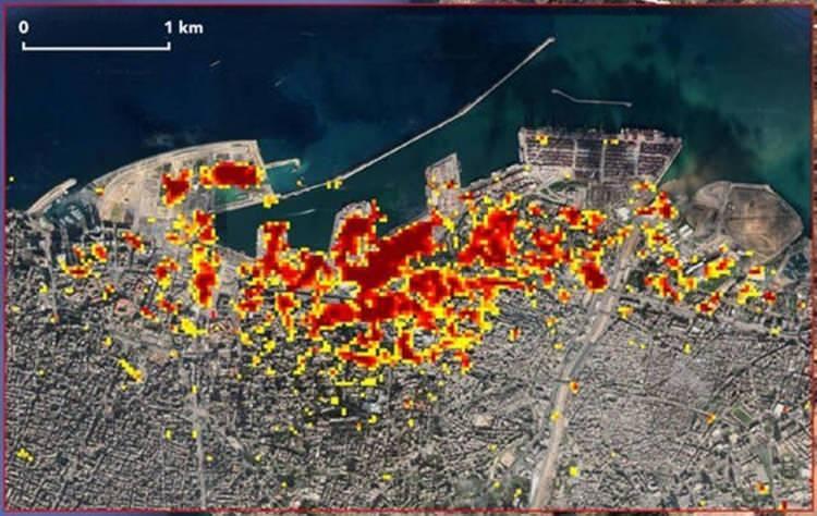 <p>NASA'dan yapılan açıklamaya göre, kırmızı bölgeler ağır hasar alan kısımları gösterirken, sarı renkli kısımlar, görece daha az hasar olan bölgelere işaret ediyor</p>

<p>6 yıldır bir depoda tutulan 2 bin 750 ton amonyum nitratın infilak etmesi sonrası yaşanan patlamada yüzden fazla kişi hayatını kaybetmiş, 4 bine yakın kişi yaralanmıştı.</p>

