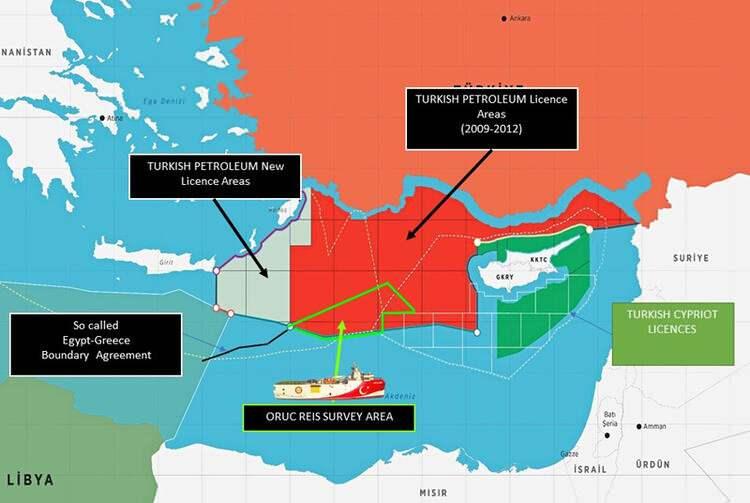 <p>Türk Dışişleri, bu hafta başında ise Ankara'nın Birleşmiş Milletlere (BM) bildirdiği Doğu Akdeniz'deki deniz sınırları içinde Oruç Reis sismik araştırma gemisinin faaliyet yürüttüğü bölgeyi gösteren haritayı paylaştı.</p>

<p> </p>
