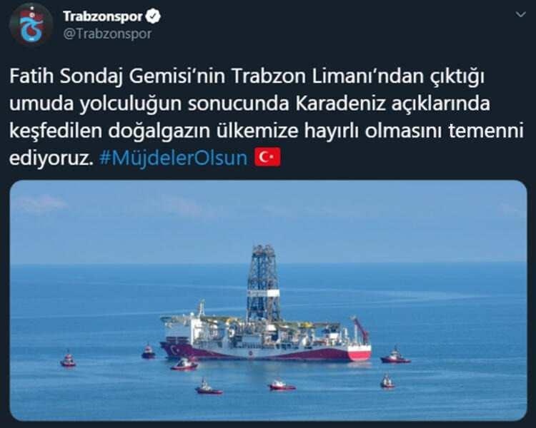 <p>Fatih Sondaj Gemisi’nin Trabzon Limanı’ndan çıktığı umuda yolculuğun sonucunda Karadeniz açıklarında keşfedilen doğalgazın ülkemize hayırlı olmasını temenni ediyoruz. #MüjdelerOlsun</p>
<ul>
</ul>
