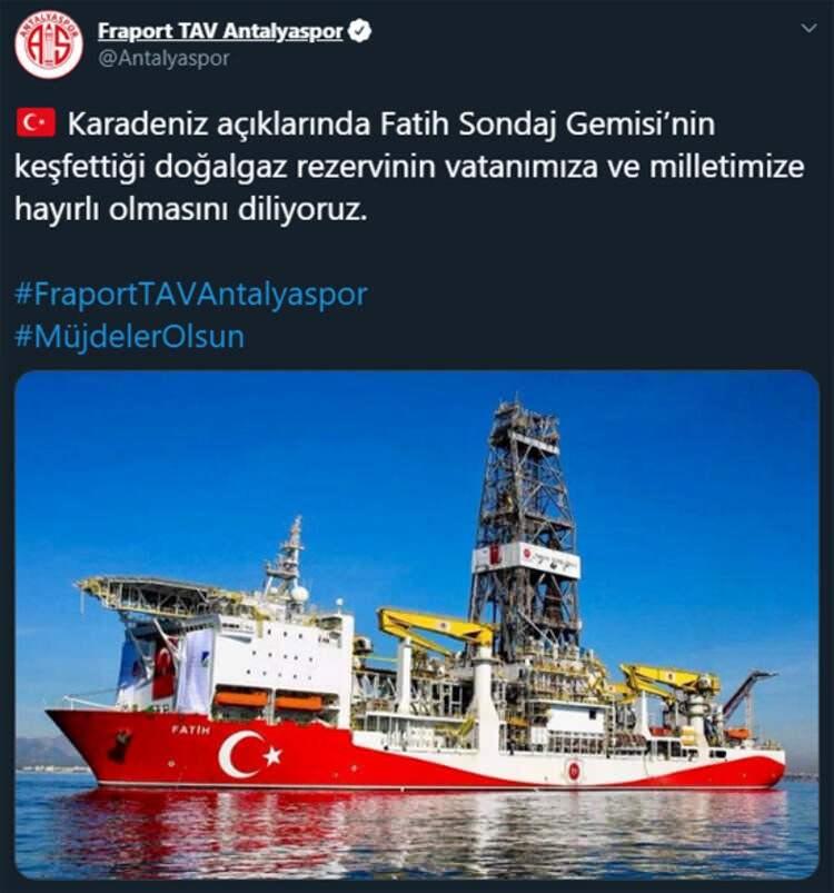 <p>Karadeniz açıklarında Fatih Sondaj Gemisi’nin keşfettiği doğalgaz rezervinin vatanımıza ve milletimize hayırlı olmasını diliyoruz. #FraportTAVAntalyaspor #MüjdelerOlsun</p>

<ul>
</ul>
