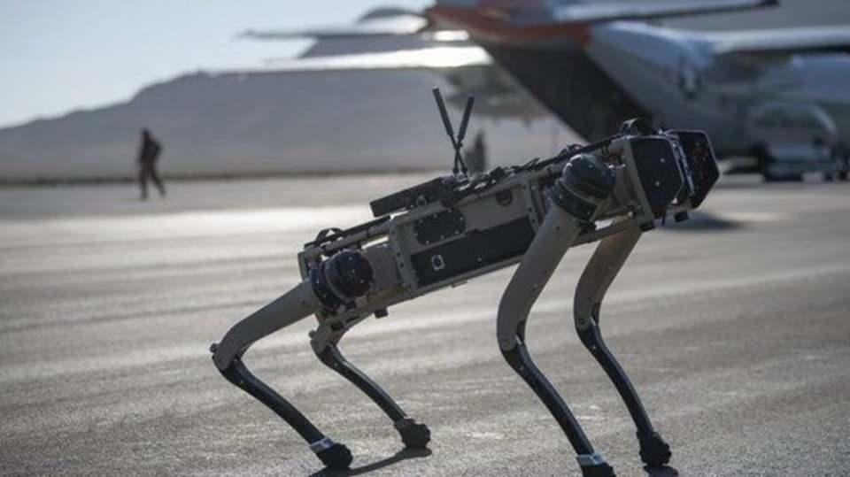 <p>C-130 nakliye uçaklarından indirilen robot köpekler, askerler uçaktan inmeden önce güvenlik taraması yaptı. </p>
<p> </p>