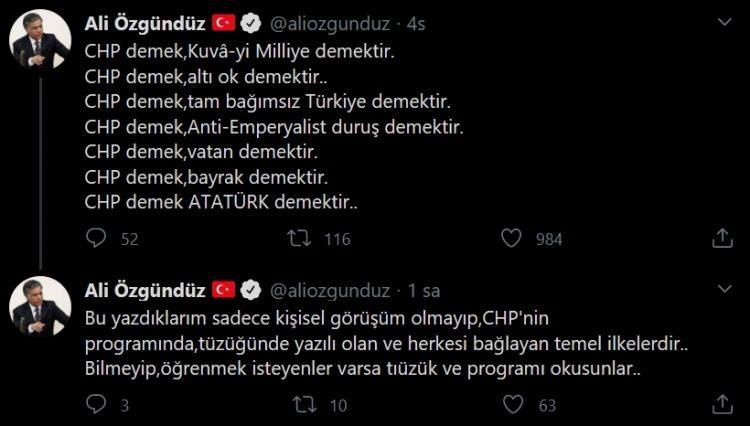 <p>CHP İstanbul Milletvekili Ali Gündüz: CHP demek,Kuvâ-yi Milliye demektir.</p>
<p>CHP demek,altı ok demektir..</p>
<p>CHP demek,tam bağımsız Türkiye demektir.</p>
<p>CHP demek,Anti-Emperyalist duruş demektir.</p>
<p>CHP demek,vatan demektir.</p>
<p>CHP demek,bayrak demektir.</p>
<p>CHP demek ATATÜRK demektir..</p>
<p> </p>