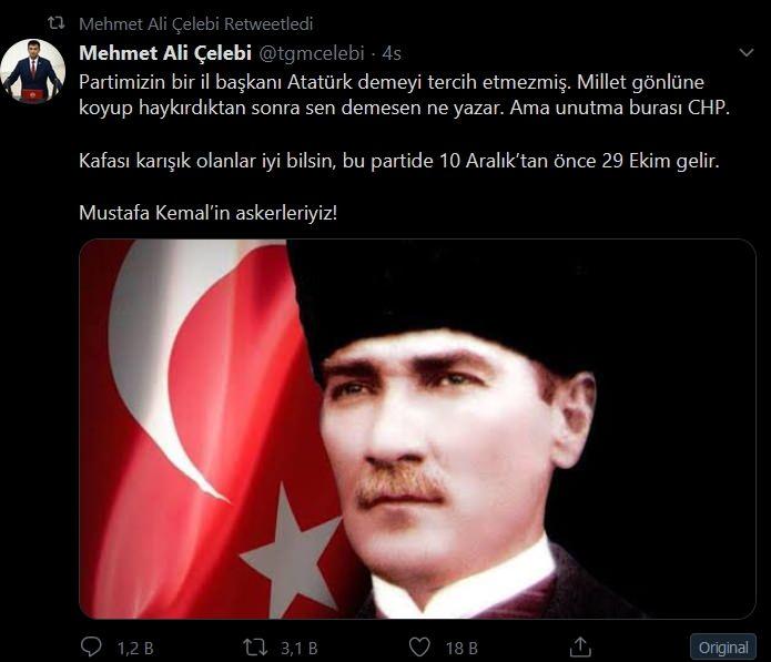 <p>CHP İzmir Milletvekili Mehmet Ali Çelebi, Kaftancıoğlu ve 10 Aralık Hareketi’ni eleştirerek 'Millet gönlüne koyup haykırdıktan sonra sen demesen ne yazar. Kafası karışık olanlar iyi bilsin, bu partide 10 Aralık’tan önce 29 Ekim gelir' dedi.</p>
