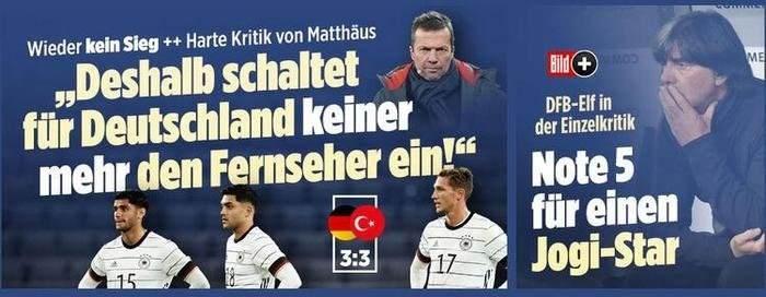 <p>BILD: ALMANYA'DA BU YÜZDEN KİMSE TV AÇMIYOR<br />
<br />
Almanya'nın yüksek tirajlı spor gazetelerinden Bild, internet sitesinden Alman futbolundaki düşüşe vurgu yaparak, "Almanya'da kimse bu yüzden televizyonunu açmıyor. 2020'deki üçüncü maçta da aynı son. Alman Milli Takımı, corona sonrası ilk galibiyetini bekliyor." ifadelerini kullandı.</p>
