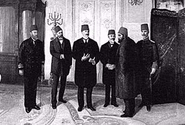 <p>II. Abdülhamid'in tahttan indirildiğini bildiren Aram Efendi,Selanik Mebusu Emanuel Karasu Efendi,Mebusan Meclis'inden Draç Mebusu Jandarma Mirlivası (Tuğgeneral) Esat Paşa ve Bahriye Feriki (Koramiral) Arif Hikmet Paşa'lar</p>

<p> </p>
