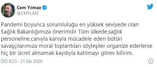<p>İşte Yılmaz'ın paylaşımı:</p>

<p> </p>

<p>"Pandemi boyunca sorumluluğu en yüksek seviyede olan Sağlık Bakanlığımıza önerimdir Tüm ülkede,sağlık personeline,canıyla kanıyla mücadele eden bütün savaşçılarımıza moral toplantıları söyleşiler organize ederlerse hiç bir ücret almamak kaydıyla katılmayı görev bilirim."</p>
