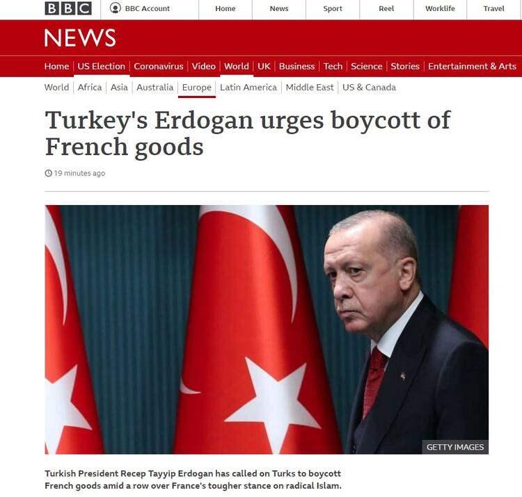 <p>İngiliz yayın kuruluşu BBC, son dakika haberini "Erdoğan, Fransız mallarına boykot çağrısı yapıyor" sözleriyle duyurdu.</p>
