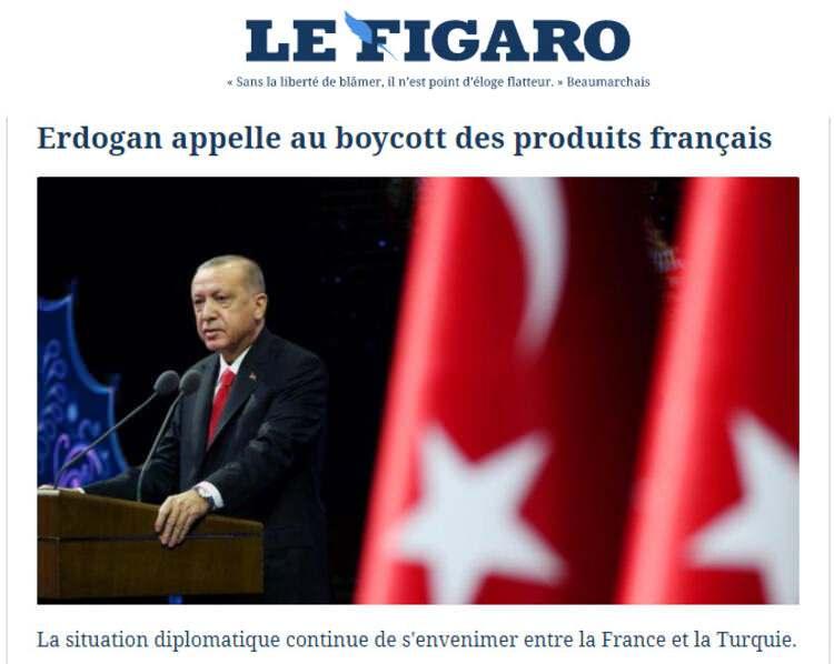 <p>'Erdoğan Fransız ürünlerine boykot çağrısı yapıyor' başlığını atan Le Figaro gazetesi, Türkiye ve Fransa arasındaki diplomatik krizin gittikçe fenalaştığı yorumunu yaptı.</p>