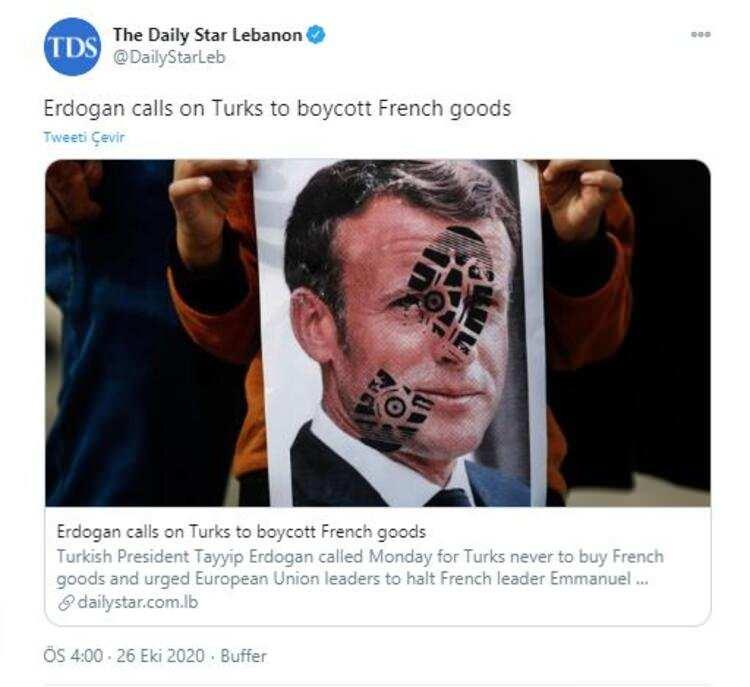 <p>Lübnan'ın İngilizce yayın yapan gazetesi The Daily Star Lebanon ise son dakika haberini "Erdoğan, Türkleri Fransız mallarını boykot etmeye çağırdı" şeklinde duyurdu.</p>