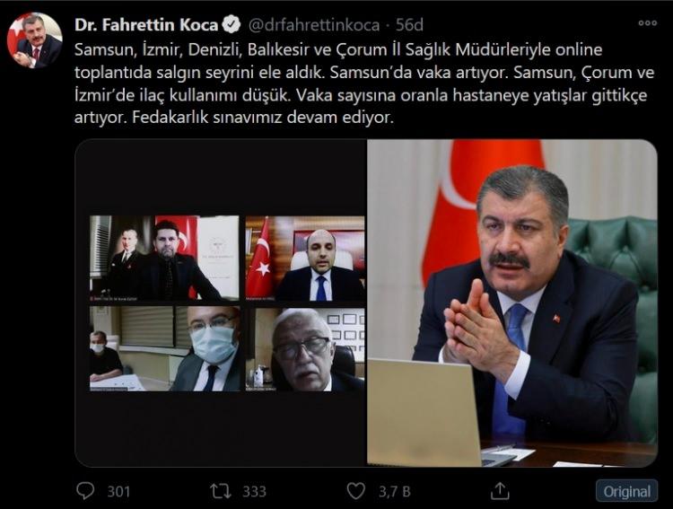 <p>Bug&uuml;n de tiwit atan Koca "Samsun, İzmir, Denizli, Balıkesir ve &Ccedil;orum İl Sağlık M&uuml;d&uuml;rleriyle online toplantıda salgın seyrini ele aldık. Samsun&rsquo;da vaka artıyor. Samsun, &Ccedil;orum ve İzmir&rsquo;de ila&ccedil; kullanımı d&uuml;ş&uuml;k. Vaka sayısına oranla hastaneye yatışlar gittik&ccedil;e artıyor. Fedakarlık sınavımız devam ediyor." dedi.</p>
